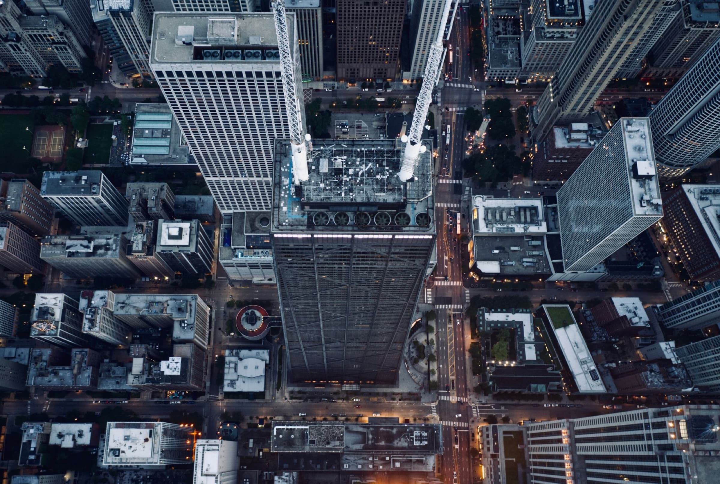 Aerial view of the street grid and infrastructure in downtown Chicago