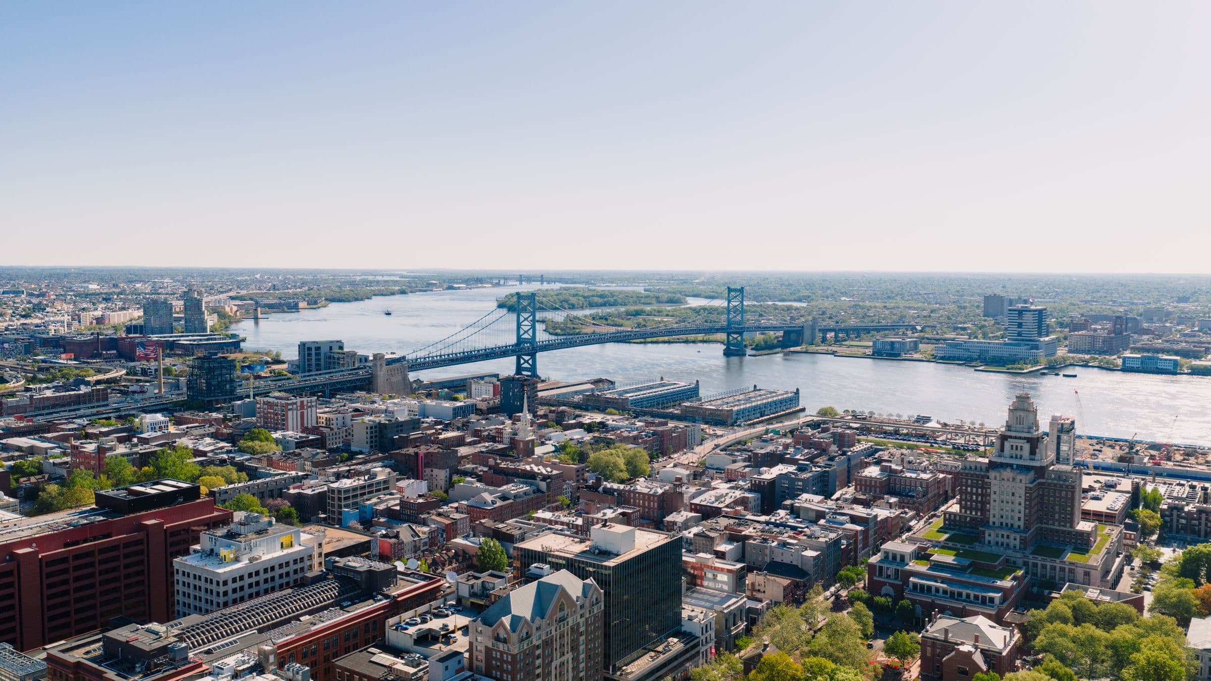 Aerial view of Philadelphia and the Benjamin Franklin Bridge